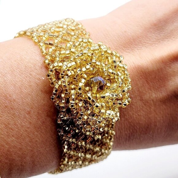 Artisan Hand Beaded Netted Bracelet With Flower Focal Silver Lined Gold Beads - Picture 2 of 6